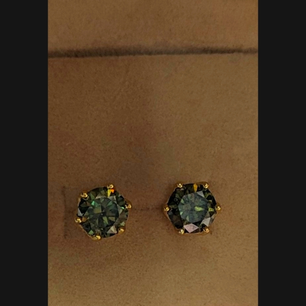 1 carat green certified Moissanite stud earrings set in 14k gold plated sterling
